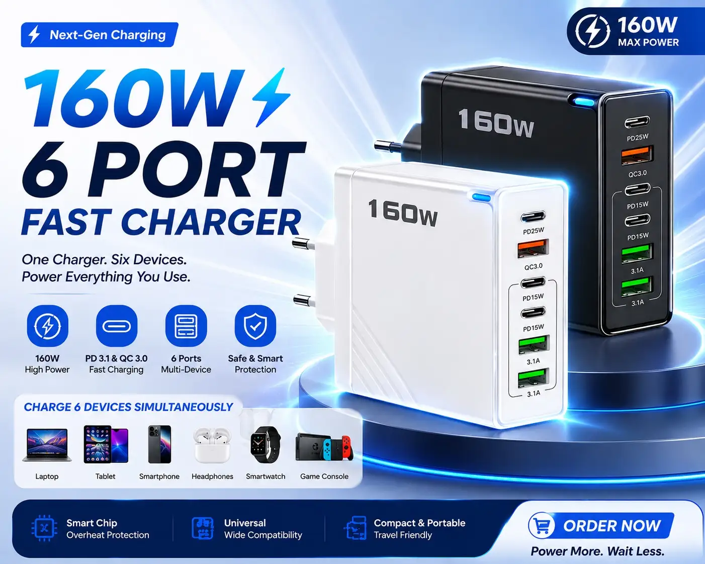 ⚡ একসাথে ৬ ডিভাইস চার্জ করুন! ১৬০W সুপার ফাস্ট USB + Type-C চার্জার 🔥📱