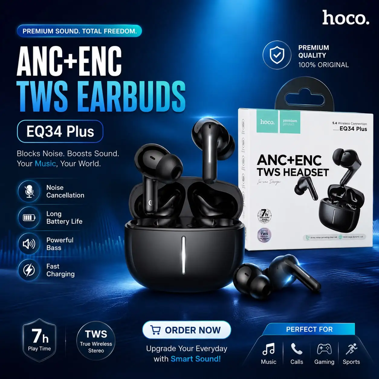 Hoco EQ34 Plus ANC+ENC TWS Earbud (App Supported) thumbnail 1