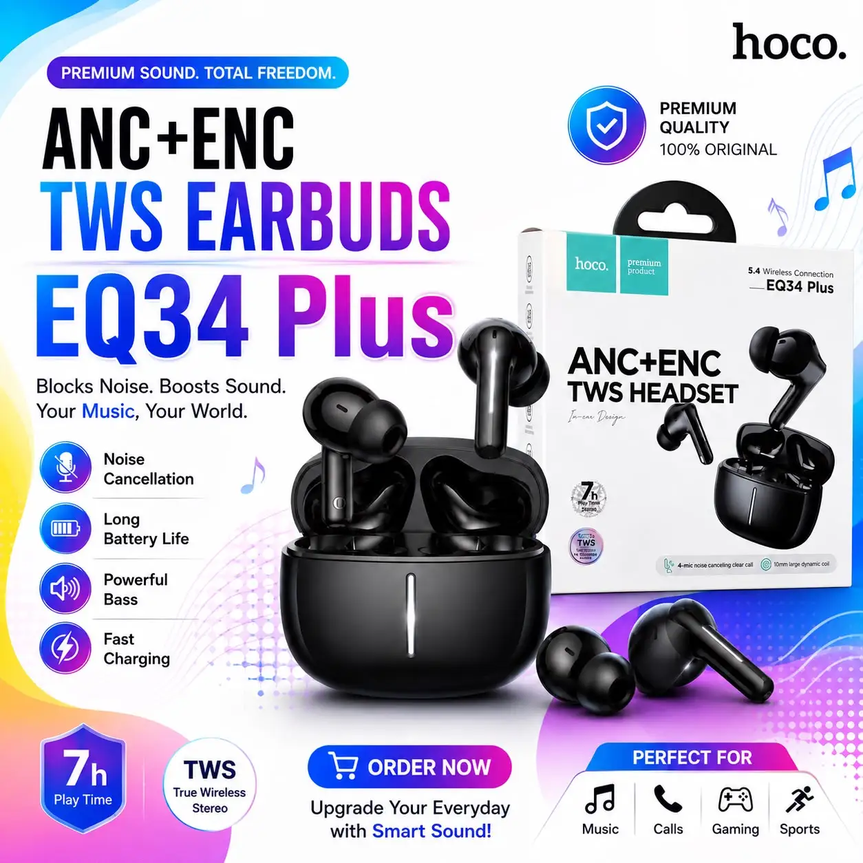 Hoco EQ34 Plus ANC+ENC TWS Earbud (App Supported) Long 7-Hour Playtime & Bluetooth 5.4 Original