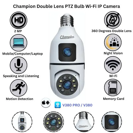V380 Pro Dual Lens Dual Screen E27 Bulb Camera Two Ways Audio Color Night Vision Smart Home Security Wireless WIFI Indoor Camera