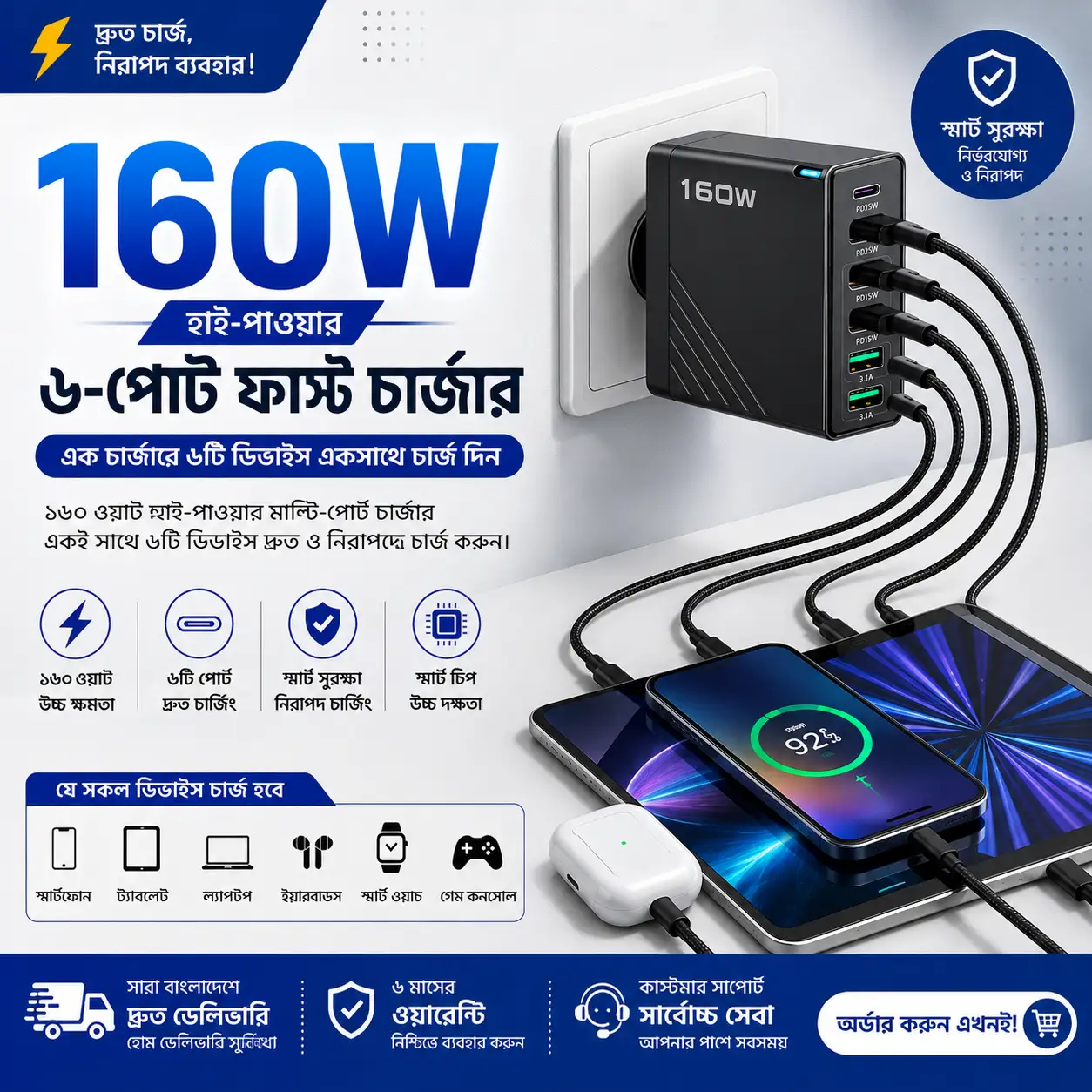 6 Ports 160W Fast Charger USB +Type C Mobile Phone Quick Charge adapter